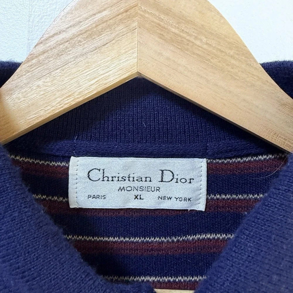 VTG Christian Dior Mens‎ Stripe Polo Sweater Size XL Navy Preppy Ivy League Luxe